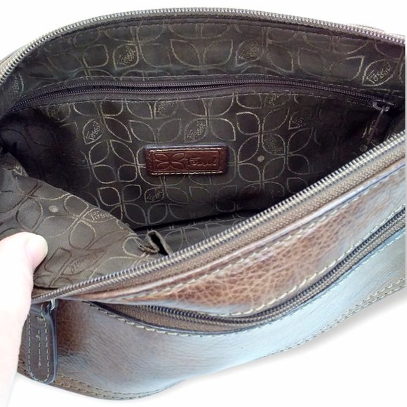 Vintage Fossil Crosstown Crossbody Bag Brown Pebbled Leather Multi Compartment - Picture 12 of 12